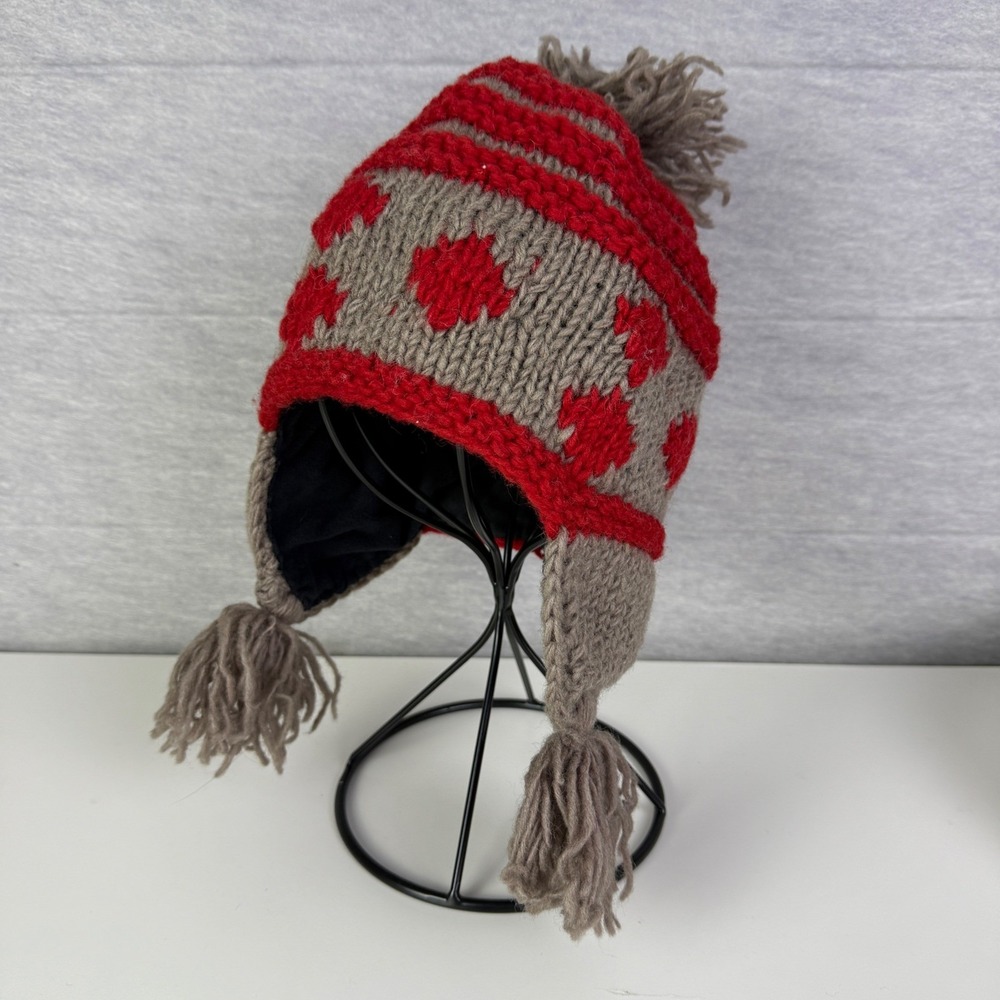 Seasons of Cannon Falls Wool Earflap Hat Red Brown Tassel Pom‎ Pom Winter